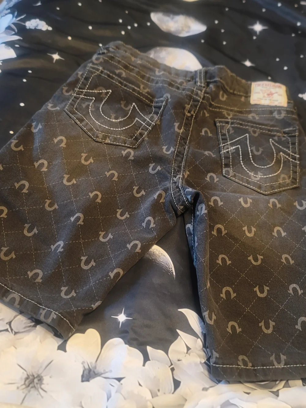 True Religion Black Denim Shorts with Gray Logo Print Size 16 Boys